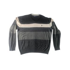 U.S. Polo Assn Mens Large V Neck Sweater Striped Black Gray Preppy Casual Knit